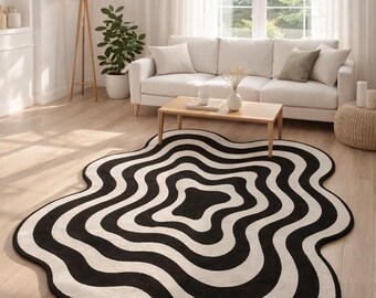 Abstrakter Schwarz-Weiß-Teppich | Modernes Wellenlinie Design