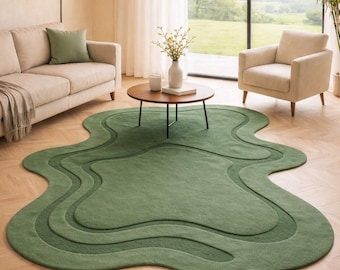 Moderner Teppich mit organischer Form, 8x10 6x9 5x7 Grüner Minimalistischer Teppich, Abstrakter Luxusteppich, Ästhetischer Wohnzimmer-Schlafzimmerteppich