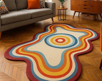 Einzigartiger Abstrakter Regenbogen Teppich 8x10 6x9 Unregelmäßige Form Teppich, Retro Funky Bunter Teppich, moderner Boho Statement Wohnzimmerteppich