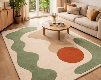 Abstrakter Teppich | Salbei Grün, Beige & Terrakotta | Modernes skandinavisches Dekor