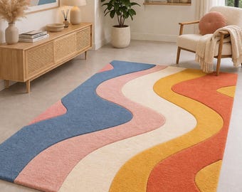 Abstrakter gewellter Teppich 200x300, Retro Color Block Teppich, Moderner Teppich mit Wellenmuster, Mid Century Wohnzimmerteppich, Ästhetischer Stil