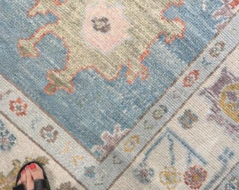 Vintage Oushak Teppich Blau 200x300, Türkischer Teppich, Beunruhigter Teppich im Antik Stil, Neutrales Wohnzimmer Teppich, Boho Luxus Dekor