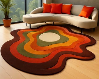 Abstrakter Erdton Bereich Teppich 8x10 6x9 unregelmäßige Form Teppich, Retro Boho gewellter Teppich, moderne organische Form Wohnzimmer Teppich Dekor
