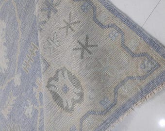 Vintage Oushak Teppich 200x300, Neutral Blau Beige Teppich, Beunruhigter Teppich im Türkischen Stil, Teppich für das Wohnzimmer im Antik Look, Traditioneller Teppich