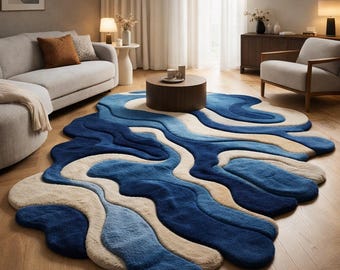 Blauer Teppich mit organischer Form, Geformter Teppich, Abstrakter Teppich für Wohnzimmer