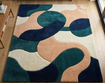 Moderner Abstrakter Bereich Teppich 5x7 8x10 9x12, Handgemachter Wollteppich, Boho Teppich Bunter Teppich, Großer Wohnzimmer Schlafzimmer Teppich, Plüsch Teppich