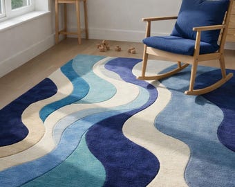 Moderner Abstrakter Blauer Bereich Teppich 8x10 6x9 5x7 Wellenmuster Teppich, Küstenästhetischer Teppich, Minimalistischer Wohnzimmer Schlafzimmer Teppich