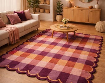 Rosa Lila Gingham Teppich 8x10 6x9 5x7 mit ausgebogten Kanten, Kokette Ästhetischer Teppich, Süßer Karierter Wohnzimmer Schlafzimmer Teppich