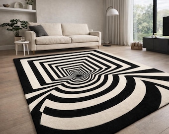 3D-Optische Täuschung Teppich | Moderner Geometrischer Schwarz-Weiß-Teppich