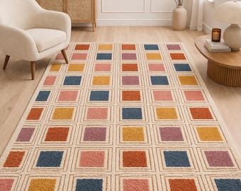 Retro Karierter Teppich 200x300, Bunt Gitter Muster, Moderner Geometrischer Teppich, Ästhetisches Wohndekor