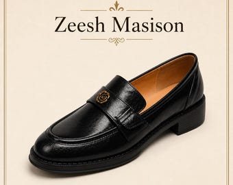 British Style Women Loafers Slip On Flats Round Toe Chunky Heel Gold Buckle Shoes