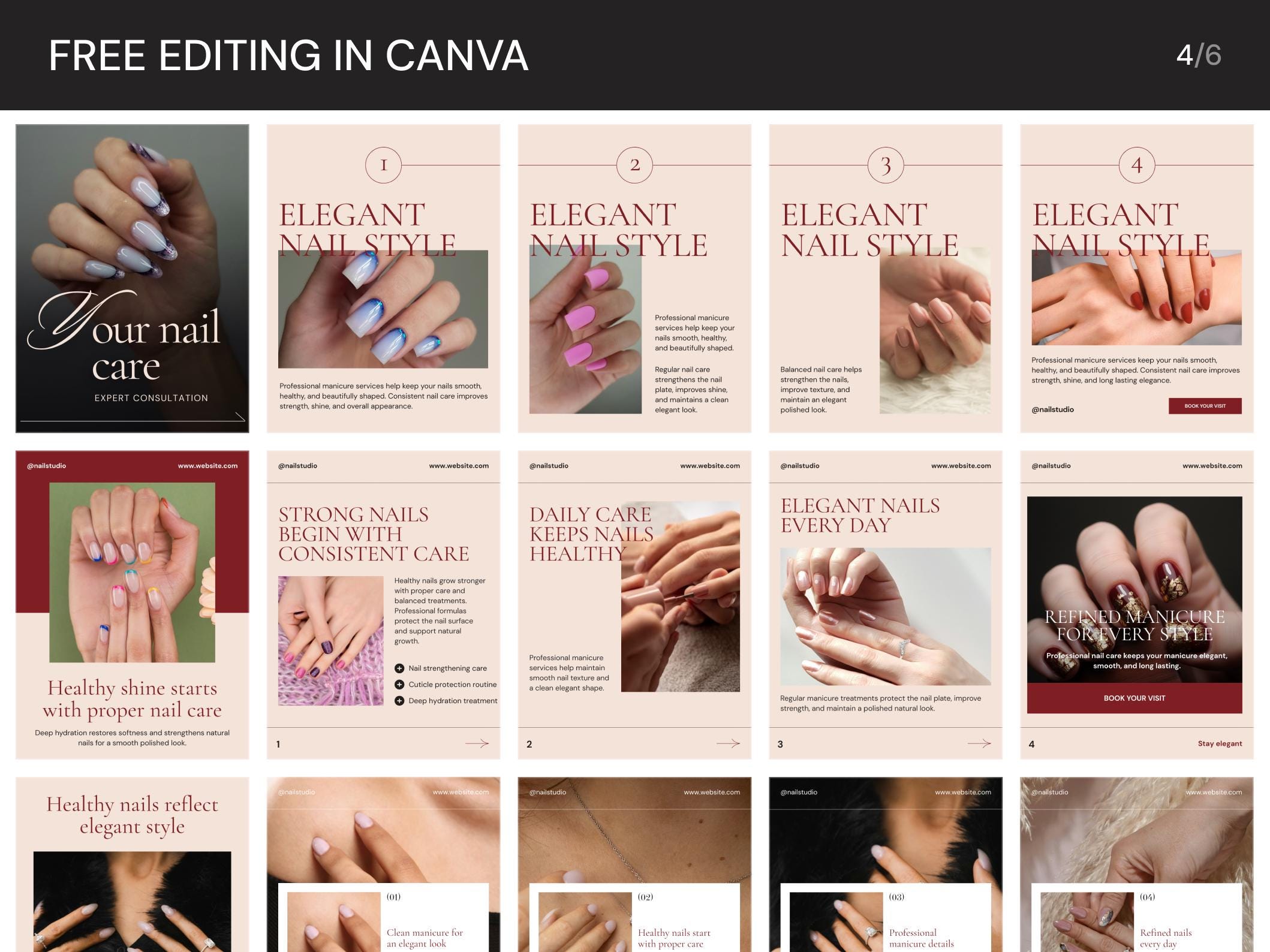 Nail Salon Instagram Carousel Templates for Canva | Manicure Social ...