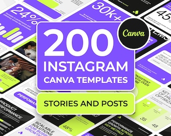 Paquete de 200 plantillas de Instagram para Canva: 108 publicaciones y 92 historias. Plantillas empresariales editables para coaches y marcas.