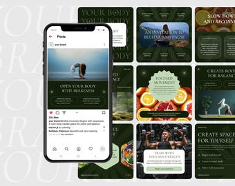 Plantillas de carrusel de Instagram para marcas de bienestar y fitness, 49 publicaciones de Canva, 7 carruseles, 1080 x 1080