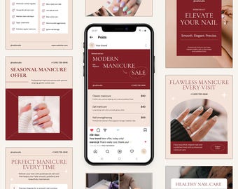 Plantillas de Canva para salones de uñas, publicaciones de manicura en redes sociales, kit de contenido para estudios de belleza