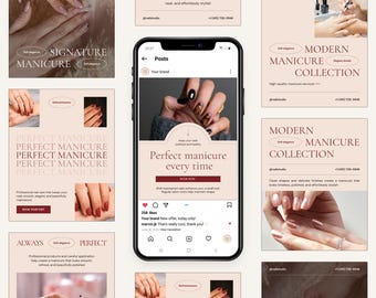 Plantillas de Instagram para salones de uñas, publicaciones de Canva para redes sociales sobre manicura (descarga digital)