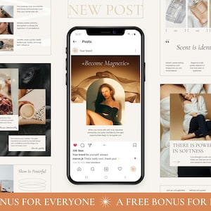 May include: A digital marketing post with a phone displaying a social media post with the text "Become Magnetic". The post includes images and text about a brand. Other panels show text and images with the words "Scent is identity" and "There is power in softness".