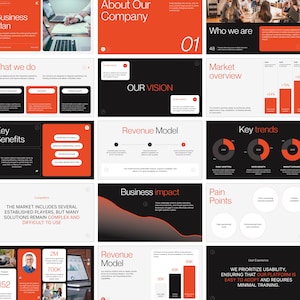 May include: A business presentation with a modern design, featuring orange and black color scheme. The slides cover topics like 'About Our Company,' 'Our Vision,' 'Key Benefits,' and 'Revenue Model.' Text includes 'Easy to Adopt' and 'Minimal Training.'