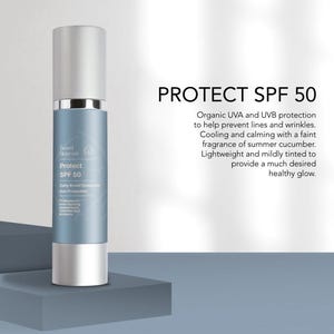 May include: A blue and silver SPF 50 sunscreen bottle with the text "Protect SPF 50" and "Daily Broad Spectrum Sun Protection." The product is designed to help prevent lines and wrinkles. The background is a light blue.