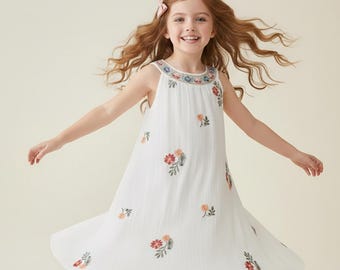 Boho halterneck broderad klänning, blommig mesh-lager-ärmlös klänning för flickor, söt sommarklänning