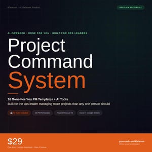 May include: A digital product graphic titled Project Command System featuring 16 Done-For-You PM Templates and AI Tools. The dark background has a grid pattern with white and orange text. It includes labels for AI Tools, PM Templates, Project Rescue Kit, and Excel plus Google Sheets compatibility.