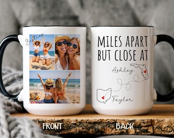 Best Friend Photo Mug Long Distance, Custom Besties Gift, Personalized Mug with Photos Names States, Friendship Gift
