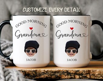 Personalized Grandma Mug with Kids Faces, Custom Photo Mug, Good Morning Grandma Mug, Gift for Grandma