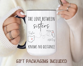 Personalized Sisters Mug, Long Distance States Coffee Cup, Friend Moving Gift