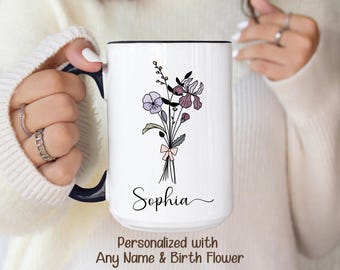 Custom Name Birth Flower Mug , Floral Coffee Cup,  Personalized Birthday Gift for Her, Mom Mug, Grandma Gift