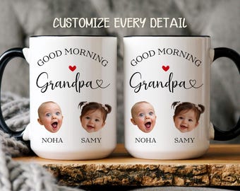 Personalized Grandpa Mug with Kids Faces, Custom Photo Mug, Good Morning Grandpa Mug, Gift for Grandpa