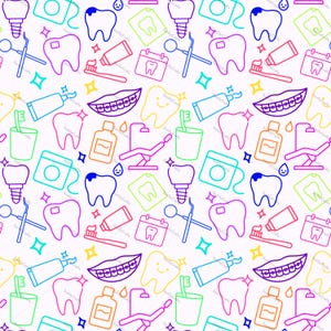 May include: A repeating pattern of dental care elements in a variety of colors. The design includes teeth, toothbrushes, toothpaste, dental floss, dental chairs, and braces. The background is white.