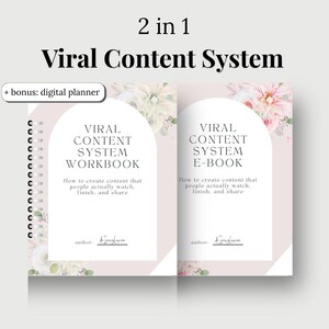 May include: A digital product bundle titled "Viral Content System" with a workbook and e-book. The cover features floral accents and the text "How to create content that people actually watch, finish, and share." Includes a bonus digital planner.