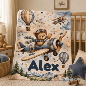 Aviation Teddy Bear with Airplane Velveteen Plush Blanket, Personalized Name Blanket, Throw Blanket for kids, Vintage Aviation Art