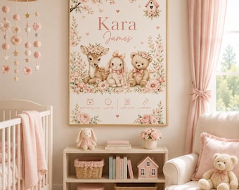 Woodland Baby Animals Wall Art Satin Poster, Personalized Nursery Name Print With Birth Details, Newborn Keepsake, Baby Reveal