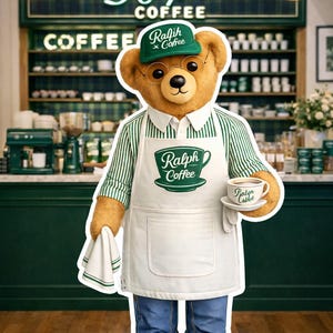 Pode incluir: Um urso mascote com boné verde e óculos, um avental e uma xícara de café. O urso está em frente a uma cafeteria com o nome "Ralph Coffee" em néon. O urso está vestindo uma camisa listrada verde e branca e jeans azuis.