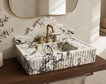 Calacatta Viola Marble Sink 27”, Fluted Bathroom Vanity Basin with Decorative Backsplash, Stone Sink