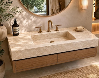 Commande personnalisée pour un lavabo Daria simple en travertin de 120 cm, vasque de salle de bain en pierre naturelle, lavabo intégré fait main