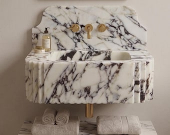 Lavabo console en marbre Calacatta Viola sculpté à la main – Bassin nervuré avec dosseret (Dimensions sur mesure)