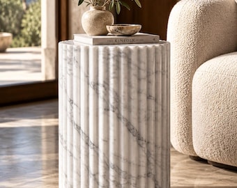 Carrara Marble Side Table 10" or 12”, Fluted White Marble Pedestal, Round Natural Stone Accent Table, Sculptural End Table