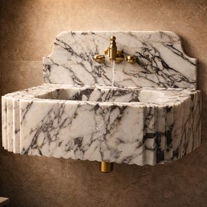 May include: A marble wall-mounted sink with a gold faucet. The sink has a rectangular basin and a scalloped edge. The marble has a white and gray veined pattern. Water flows from the faucet into the basin. The sink is mounted on a brown tiled wall.