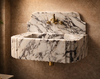 Lavabo en marbre Calacatta Viola avec dosseret, Lavabo cannelé mural, Meuble en pierre naturelle fait main, Lavabo flottant de luxe