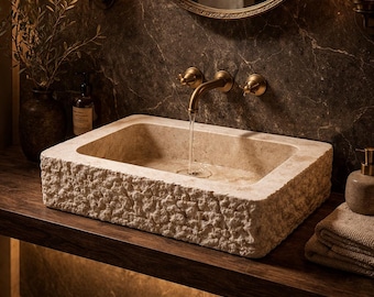 Rustic Travertine Sink, Hand Carved Stone Basin, Wall Mounted Bathroom Sink, Natural Stone Vanity, Textured Edge Washbasin, Luxury Bathroom