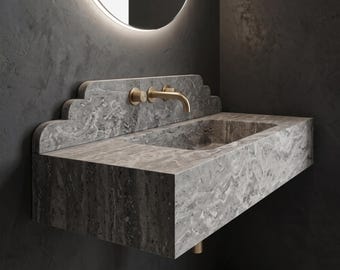 Lavabo mural en travertin argenté sculpté à la main – Vasque en pierre naturelle sur mesure
