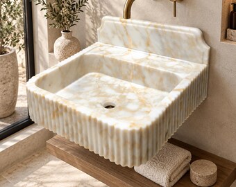 Calacatta Gold Marble Sink 19.7”, Fluted Wall Mount Bathroom Basin with 4” Backsplash, Square Natural Stone Vanity Sink