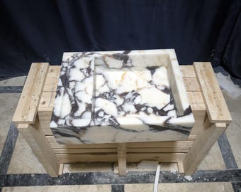Calacatta Viola-Marmor Wand Waschbecken, Kleines Luxus Badezimmer Becken, Kompaktes Naturstein Waschbecken, Schwimmende Eitelkeit, Handgefertigtes Designer Waschbecken