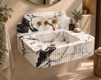 Calacatta Viola Marble Console Sink - Fluted Bathroom Basin with Shaped Backsplash - Wooden Stand Available