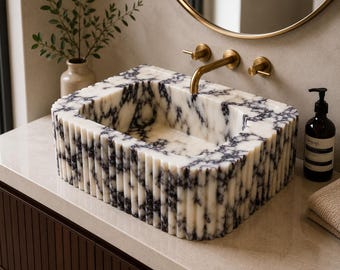 Lavabo en marbre cannelé Calacatta Viola, petit lavabo en pierre, lavabo de luxe pour salle d'eau