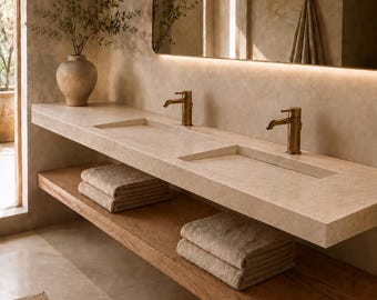 Lavabo double Calinspo sur mesure en travertin, mural, 183 cm (72 pouces), double vasque suspendue, bonde dissimulée, lavabo de luxe pour salle de bain.
