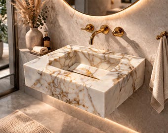 Calacatta Goldmarmor Waschbecken, an der Wand befestigtes Steingefäß Waschbecken, natürliches Marmorbecken Luxus, handgeschnitztes Badezimmer Waschtisch, Sondergröße