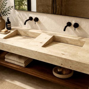 May include: A double vanity sink made of beige travertine stone with two rectangular basins. It features wall-mounted matte black taps and handles. Below the stone countertop is a dark wood shelf holding folded towels and a small bowl.